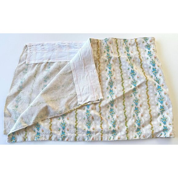 Vintage valance curtain, ecru, blue pink white flowers, short panel, rod heading - Picture 6 of 10